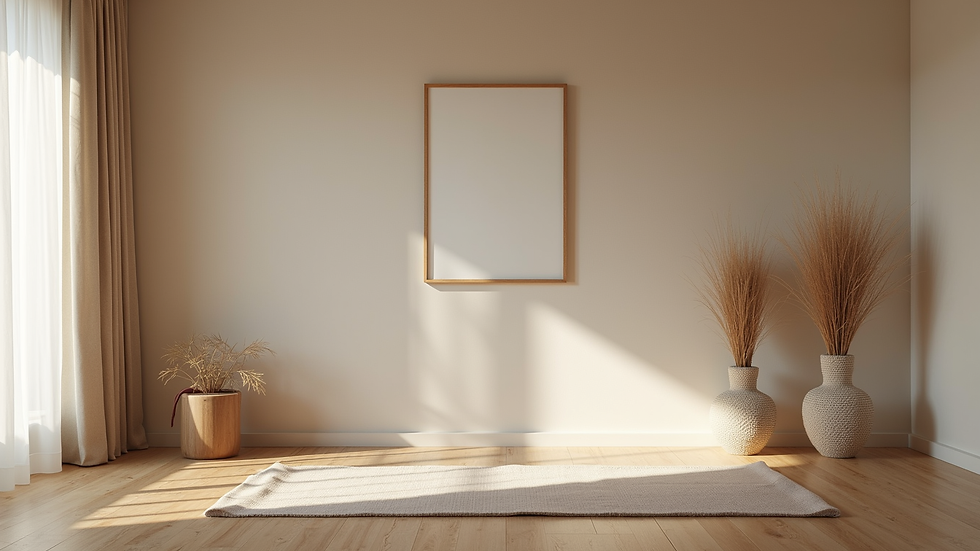 Wide angle view of a serene home yoga setup