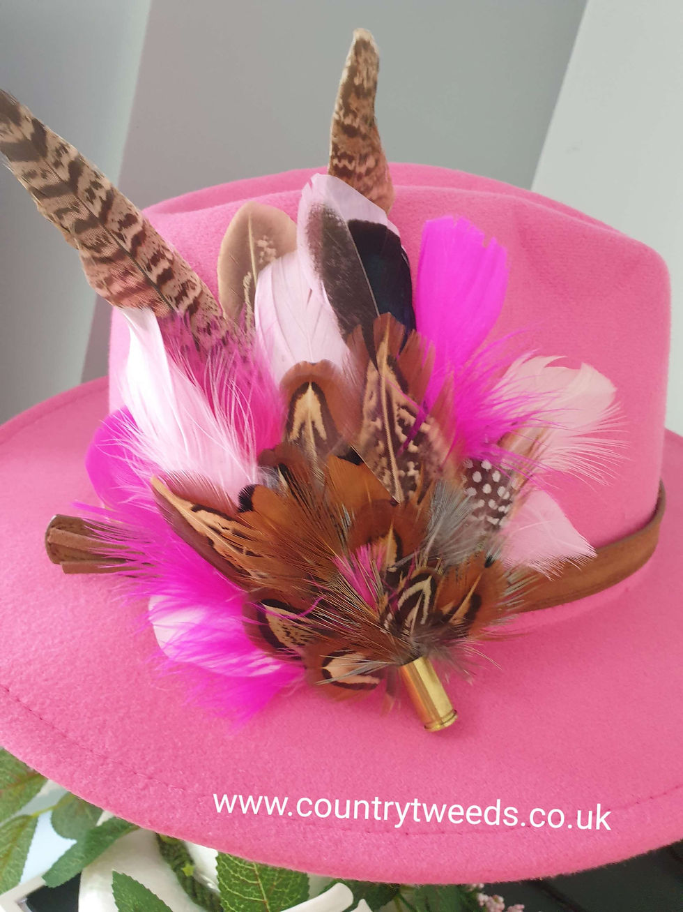 Thumbnail: Pink fedora hat with detachable feather brooch 