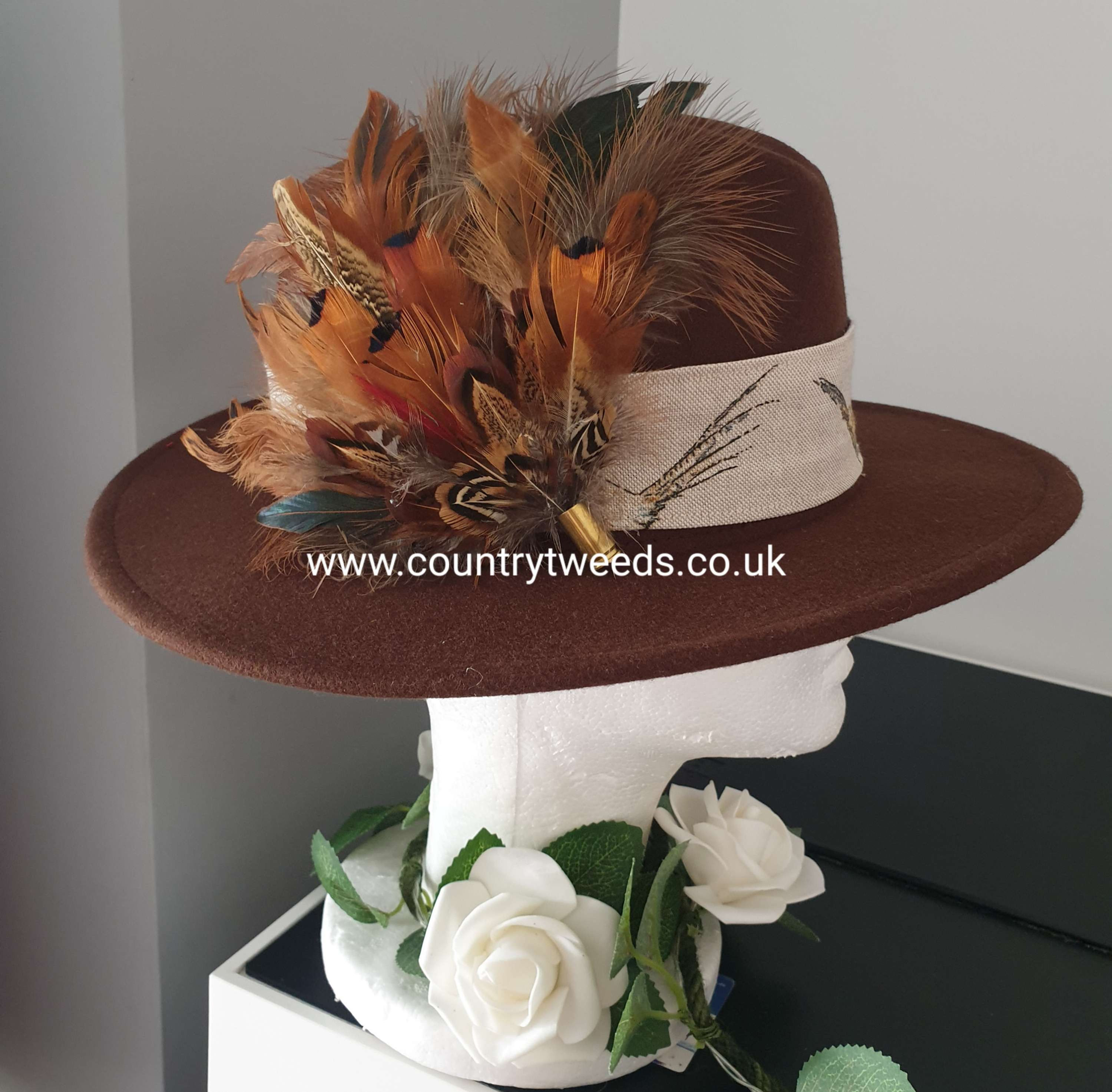 Brown fedora hat with detachable feather brooch &pheasant band