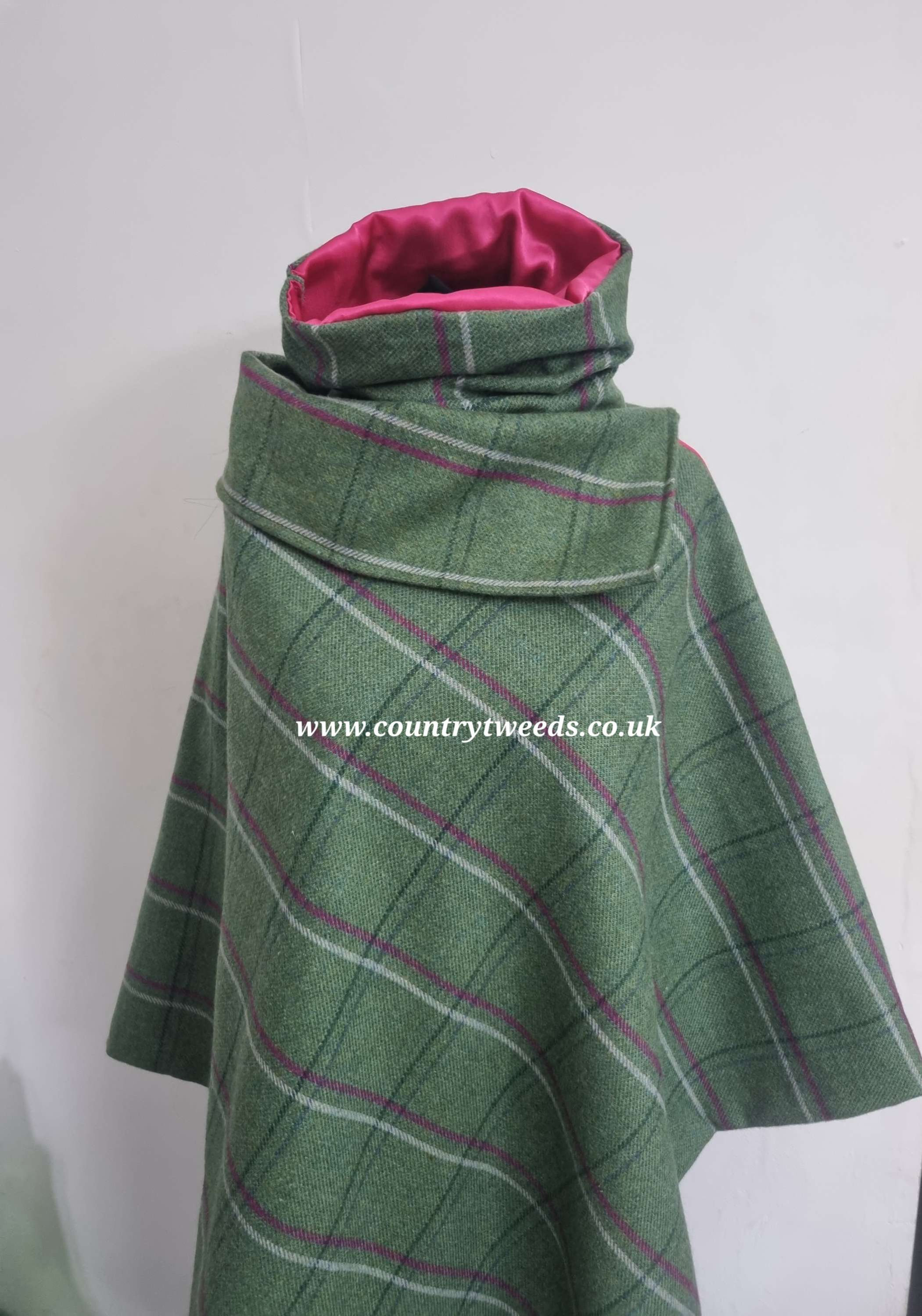 Green tweed cape set with passionate pink liner all matching