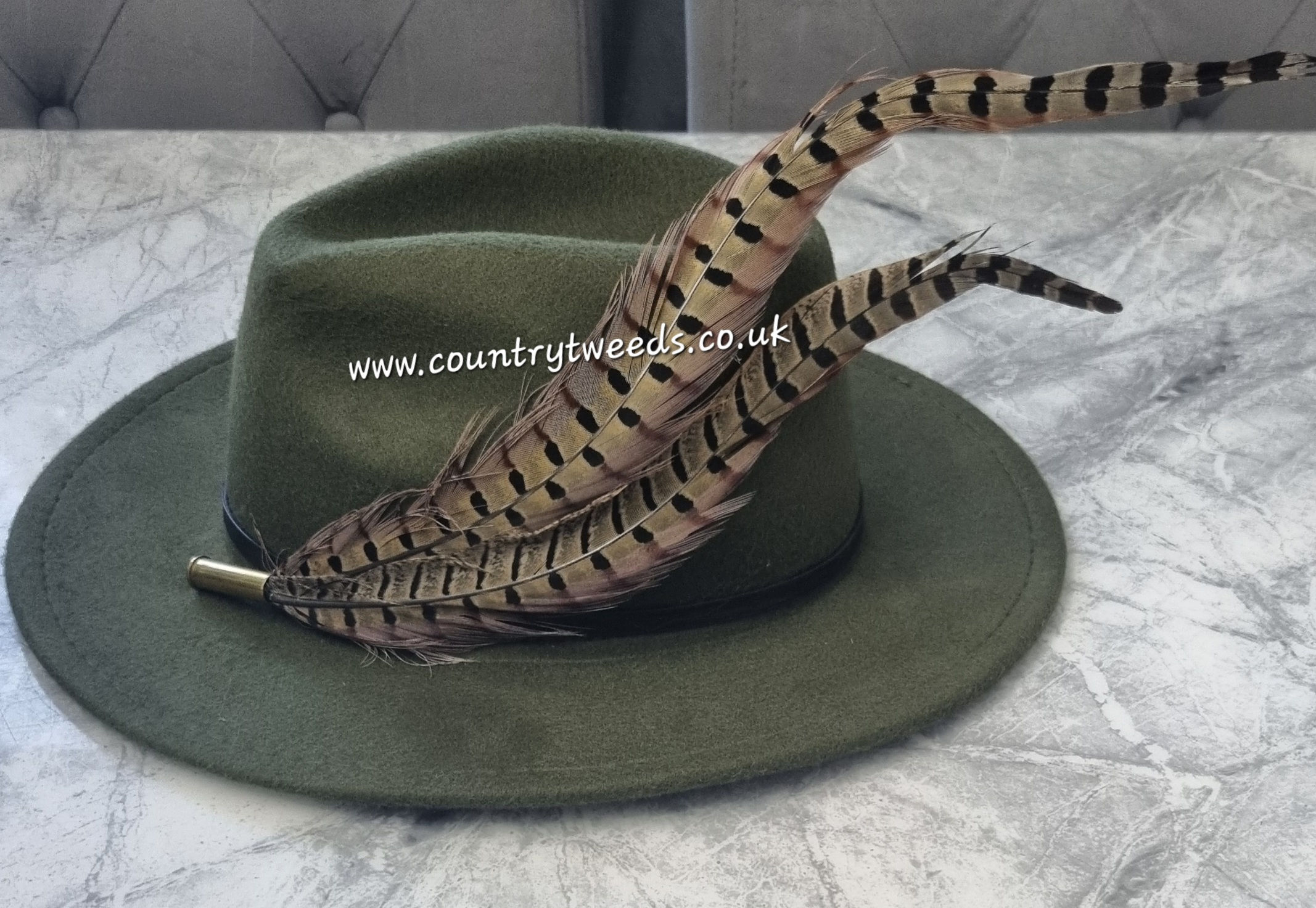Green fedora hat comes with this beautiful pheasant feather design