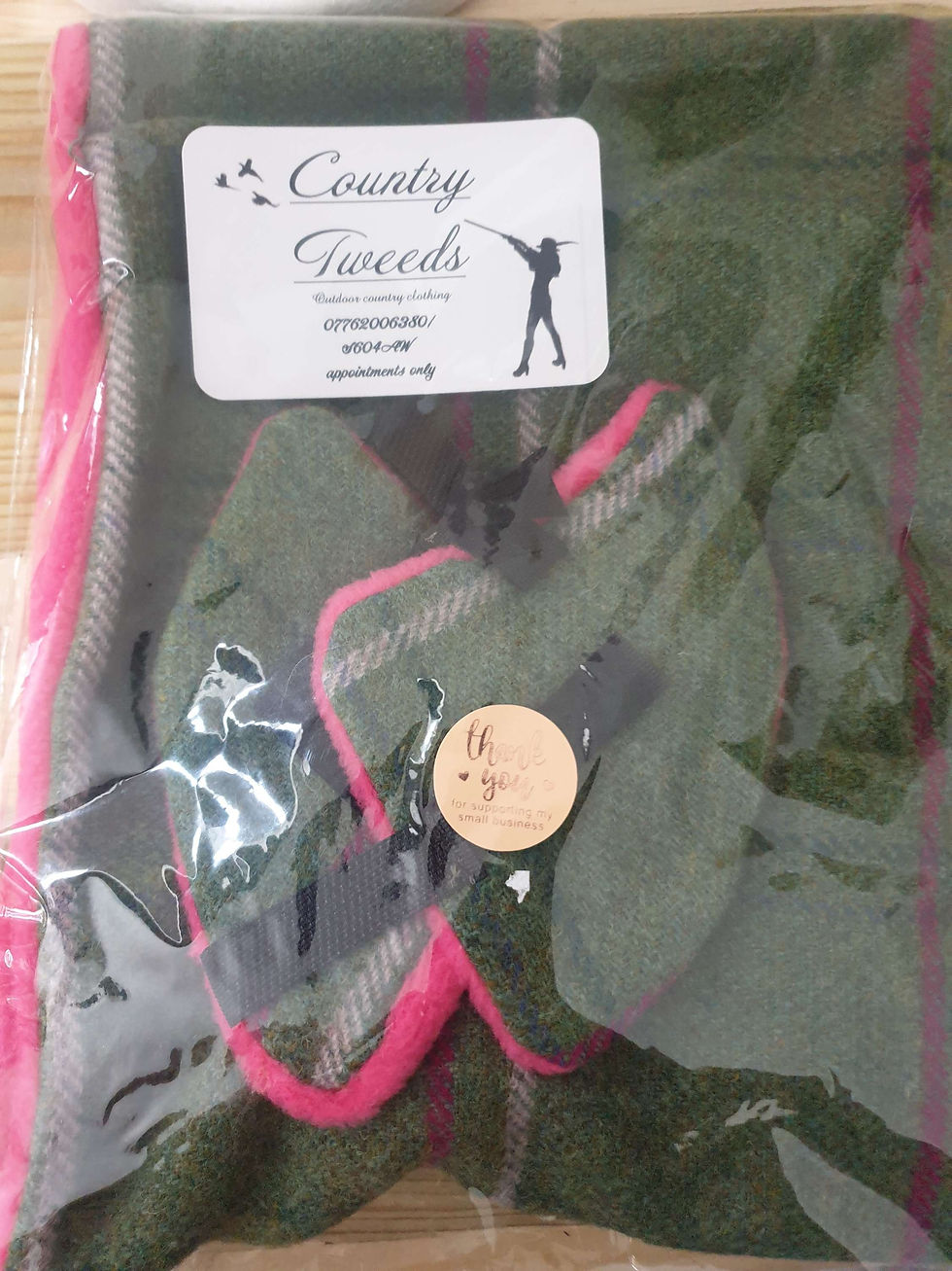 Thumbnail: Green tweed with hot pink riding hat earwarmers and snug set matching 