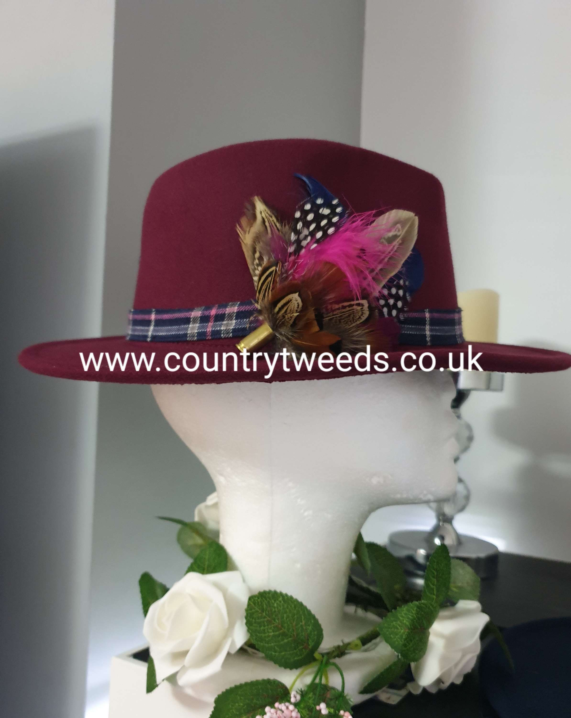 Burgundy fedora with this stunning band and detachable feather brooch