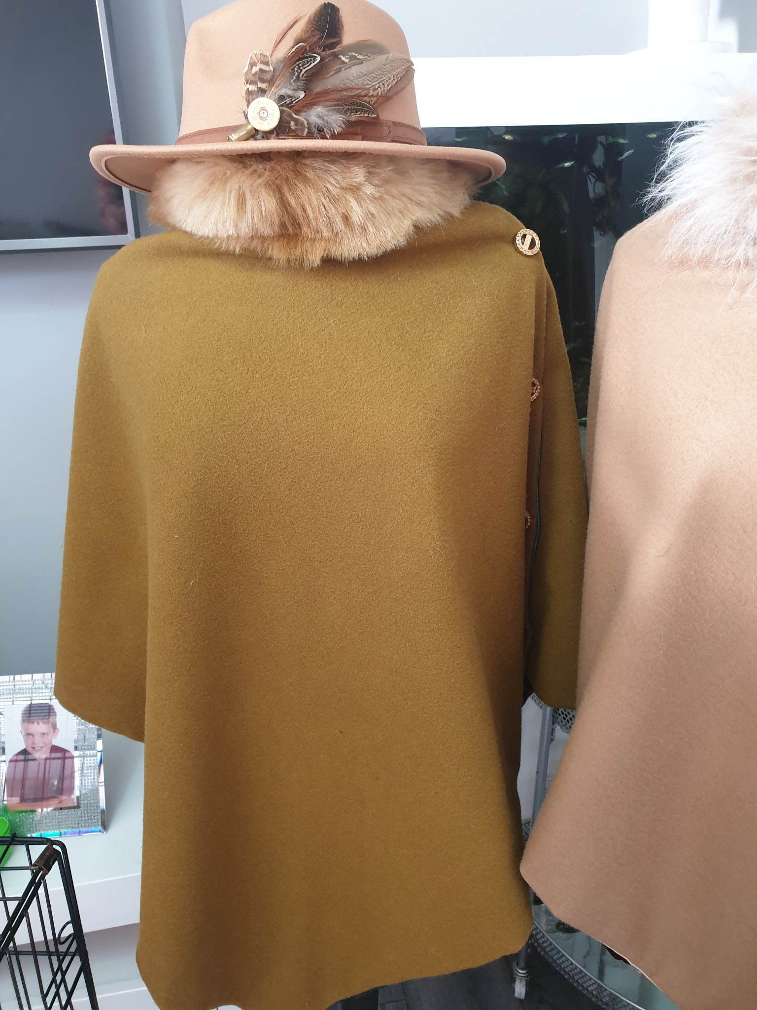 Mustard cape with a forest green satin liner