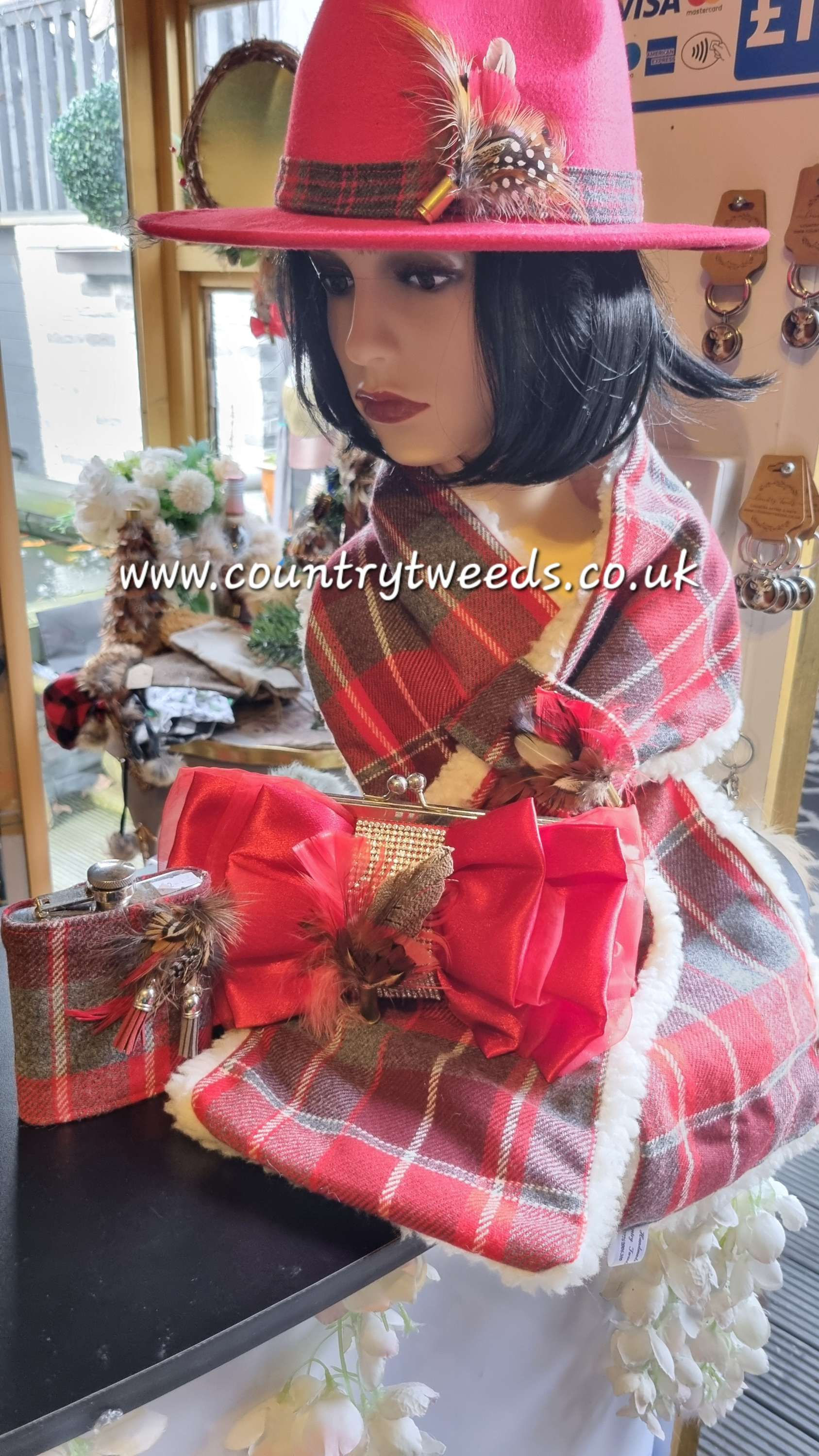 Red fedora hat ,scarf ,bag and hip flask set