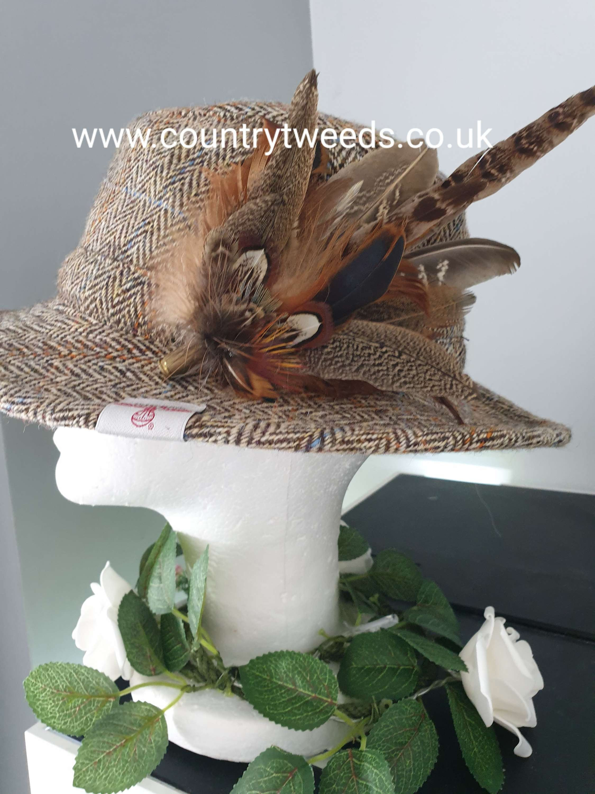 Authentic Harris Tweed fedora hat with detachable feather brooch