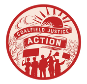 Coalfield Justice Action: an image with a sun in the top right and protestors with signs on the bottom.