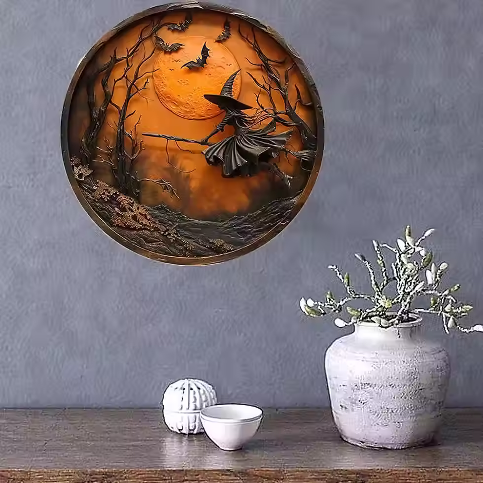 Halloween Witch Wall Decor – 3D Bat & Moon Sign