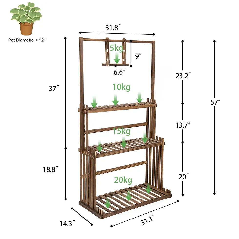Miniature : 3-Tier Wooden Plant Stand with Hanging Bar