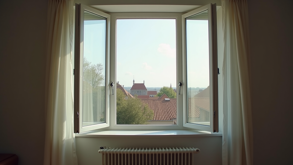Vue en plongée d’un appartement avec une fenêtre ouverte et un radiateur