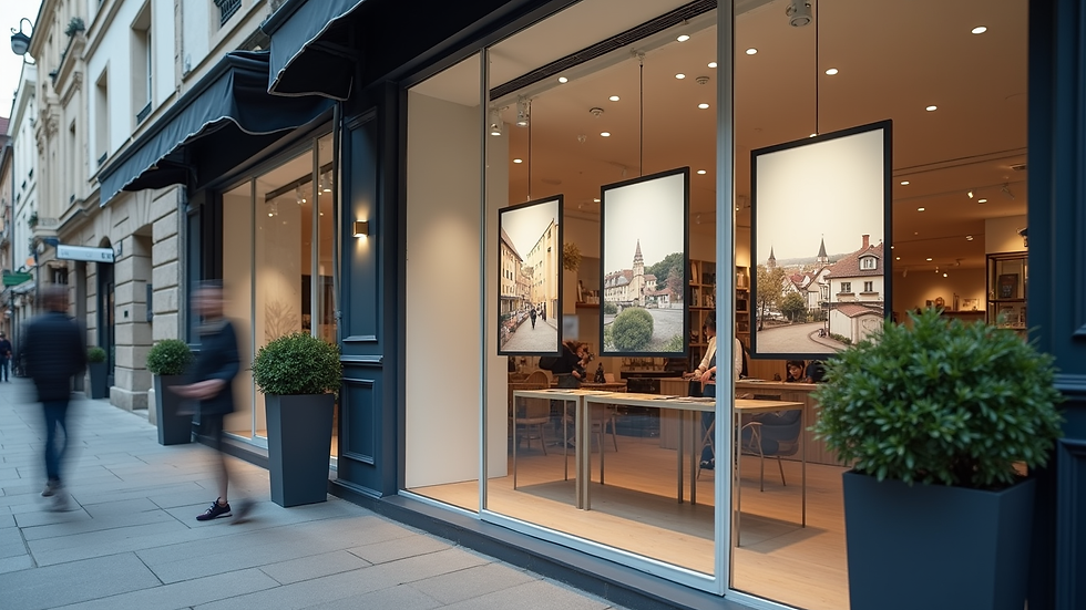Vue rapprochée d’une agence immobilière avec des affiches de biens en vitrine