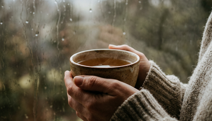 Close-up van handen die voorzichtig een kop thee vasthouden bij een raam met regen op het glas.