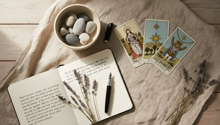 Overhead view of a small bowl of stones, a notebook and a gentle tarot card spread on a linen cloth.