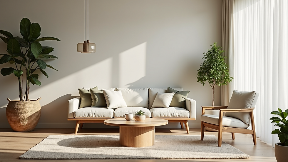 Eye-level view of a minimalistic living room with eco-friendly furniture