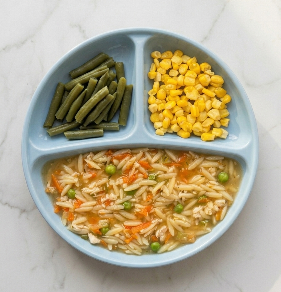 Chicken & Garden Veggie Orzo Bowl with green beans and corn