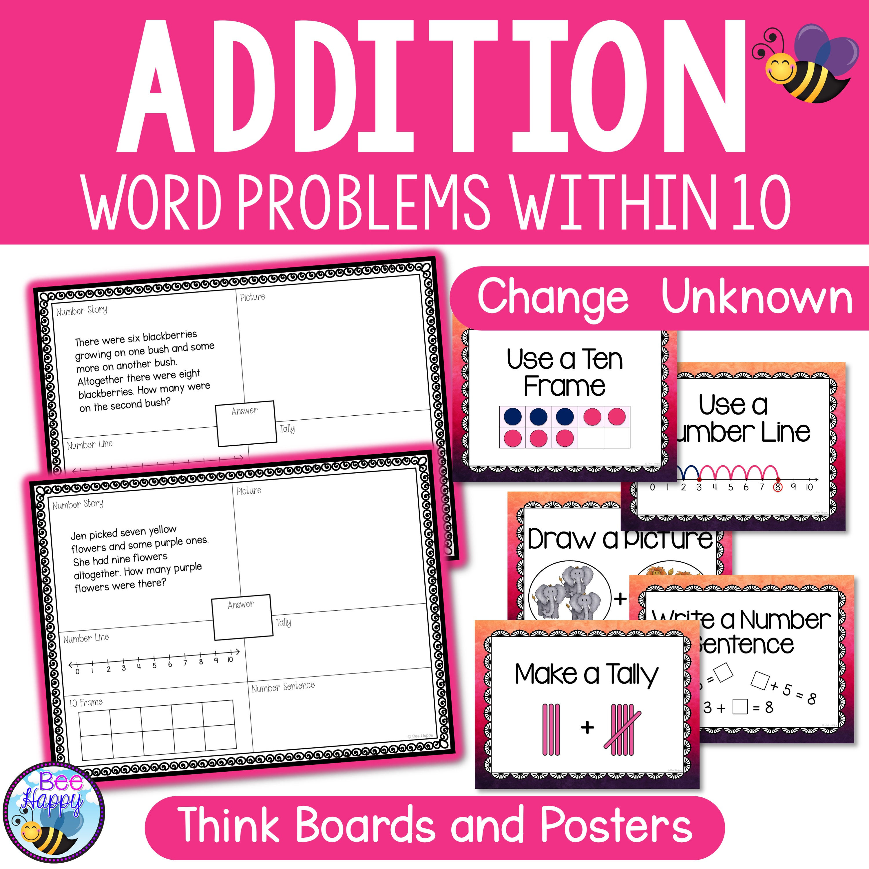 Addition Word Problems Change Unknown Sums to 10