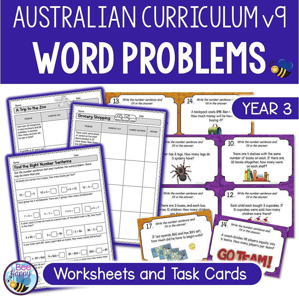 Australian Curriculum v9 Year 3 Word Problem Worksheets and Task Cards Cover