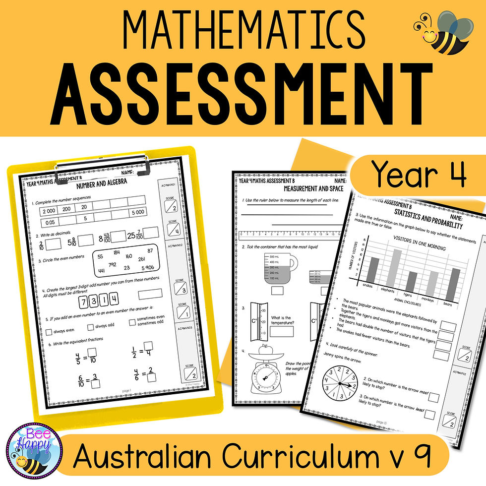 Maths Assessment Year 4 Australian Curriculum v8.4 and v9 Bee Happy Teaching