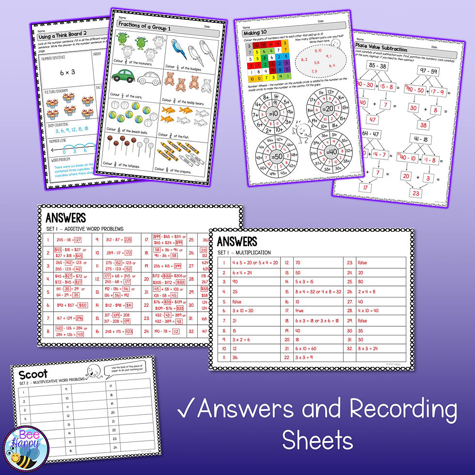 Thumbnail: Australian Curriculum v9 Year 3 Number and Algebra Bundle Answers and Recording Sheets