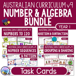 Australian Curriculum version 9 number and algebra bundle of task cards for Year 1 Maths. Features 4 covers of resources included. 