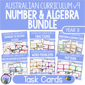 Australian Curriculum version 9 Number and Algebra Bundle of task cards for Year 3 Maths. Features 6 covers of resources included. 