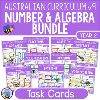 Australian Curriculum version 9 Number and Algebra Bundle of task cards for Year 2 Maths. Features 9 covers of resources included. 