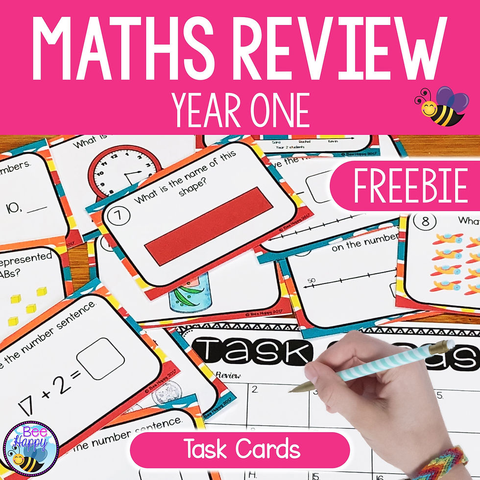 Maths review task cards for Year One, featuring colourful math problems. A hand writes with pencil. Text: Maths Review, Freebie. Bright, playful.