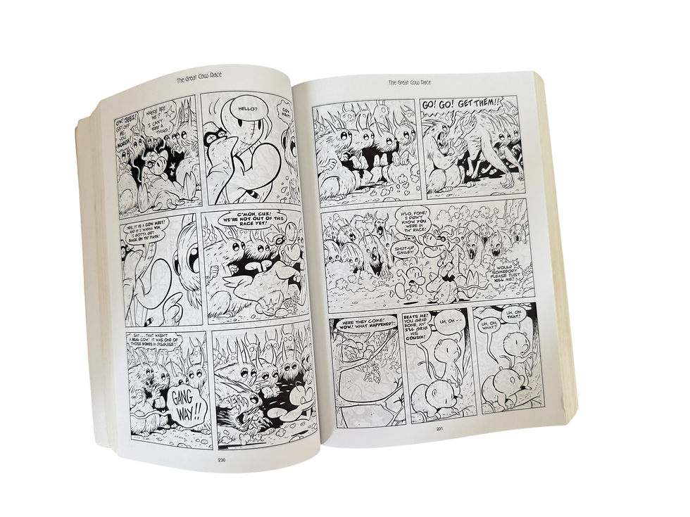 Libro Bone de Jeff Smith abierto por las páginas 200-201, con viñetas en blanco y negro. Edición integral original en inglés