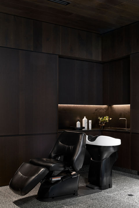 salon design, luxury salon, hooroo styling, styling salon, glass bricks, leather curtains, steel cabinets