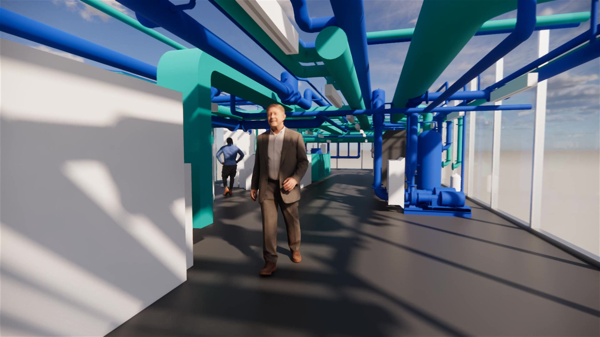 Render showing ceiling plumbing and ductwork systems from below within a hall