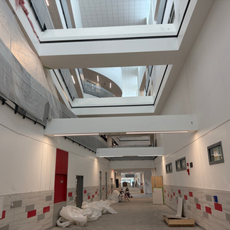 Natural light harvesting and luminaires at school hall