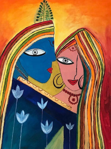 two figures, flower, stripes, yellow, orange, blue, green