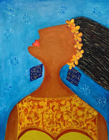 female figure looking up, blue, black, yellow, brown