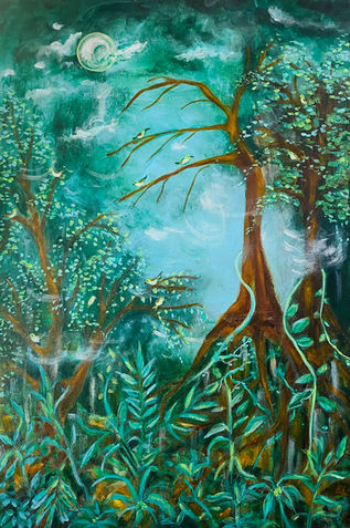 night sky, moon, tree, green, blue, brown