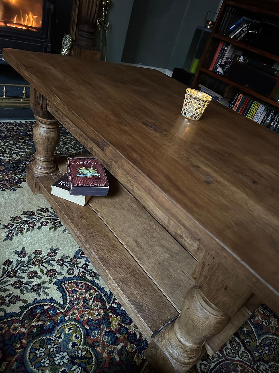 Thumbnail: Handmade in Devon, Reclaimed Pine Coffee Table with Lower Shelf side view