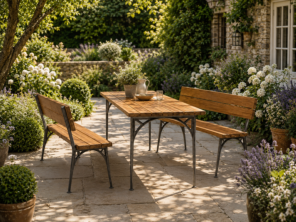 Premium UK Handcrafted Outdoor Bamboo Garden Dining Set in an English garden on a patio with planting
