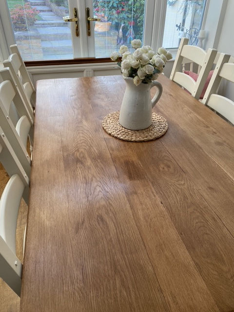 Thumbnail: Table top view of a handmade uk reclaimed oak tabletop