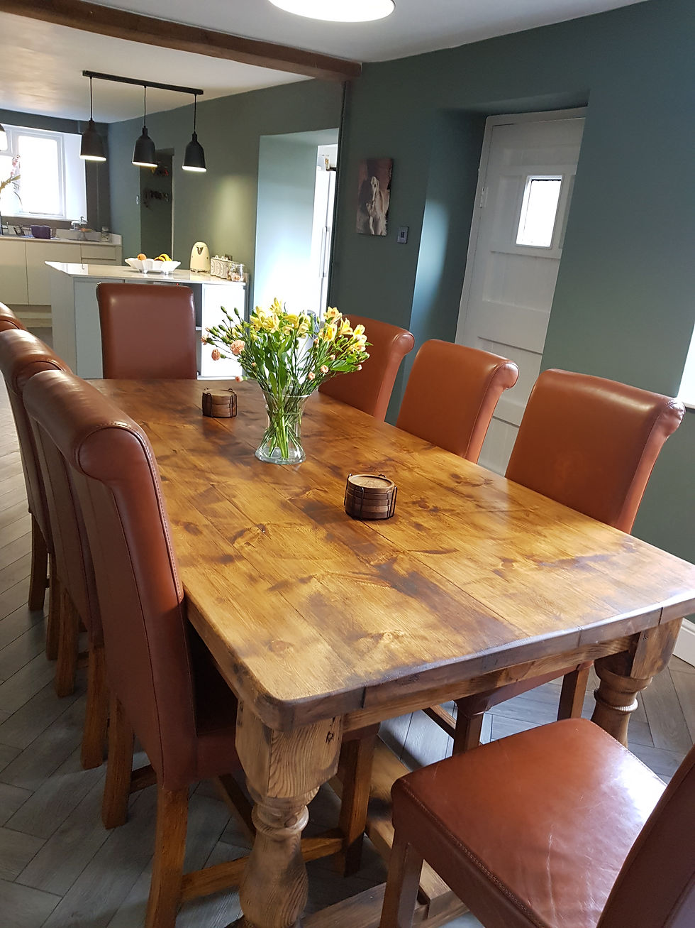 Thumbnail: A 7ft handmade reclaimed pine refectory table in a green dining room