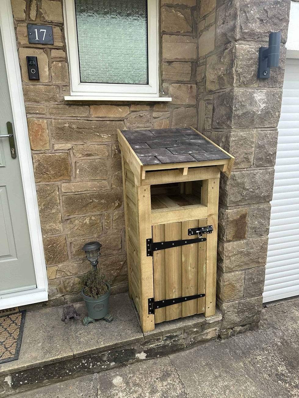 Small handmade lockable outdoor parcel store next to a front door
