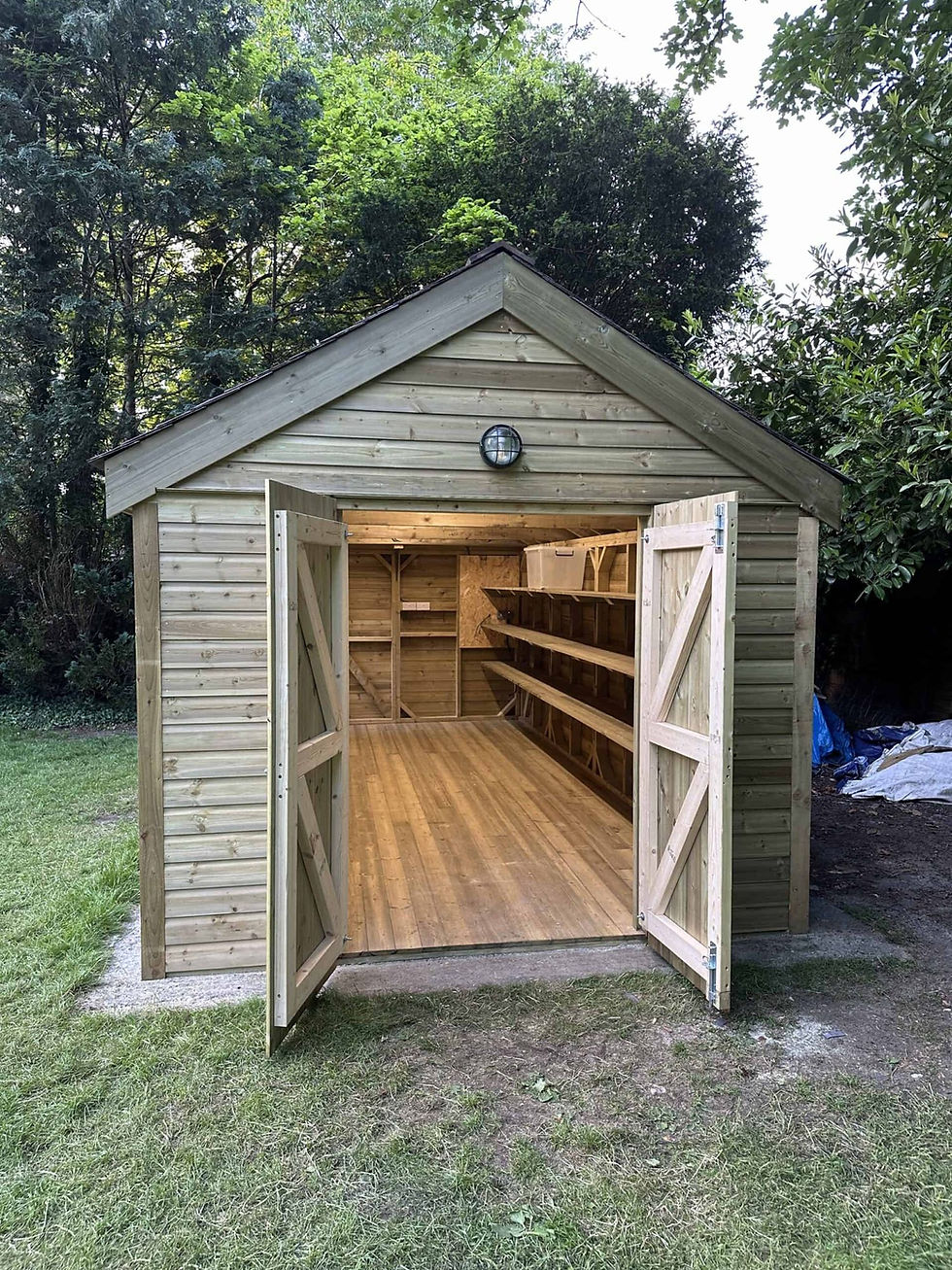 Premium handmade timber garden shed with reclaimed slate roof with open doors at the end