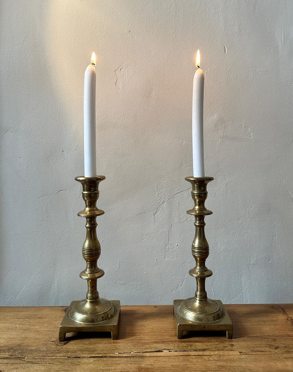 Set of Two Brass 10.5" Candlesticks Tall Brass Candleholders Front View