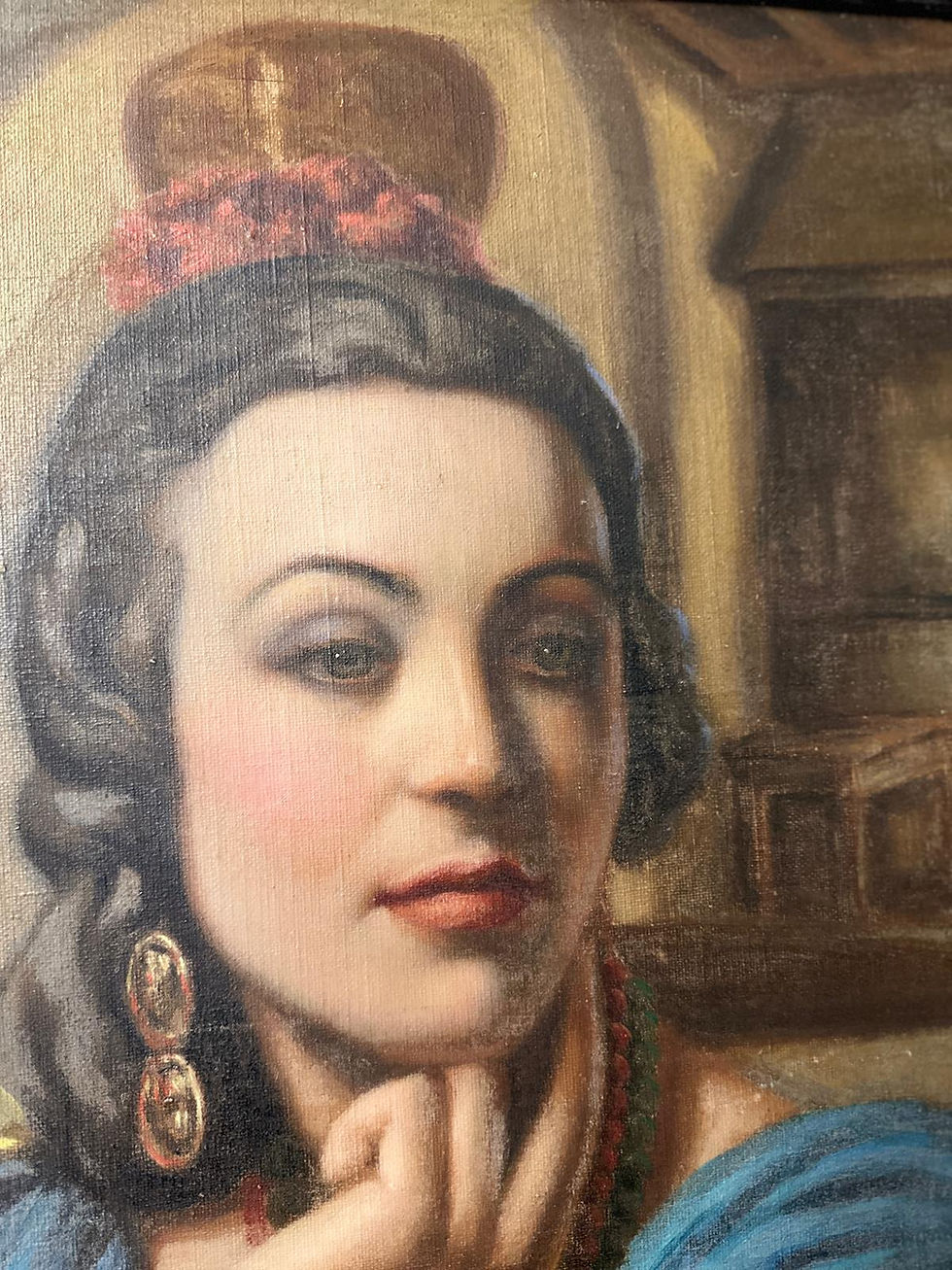 Thumbnail: Black Framed Vintage Oil on Canvas Spanish Lady Close up of face