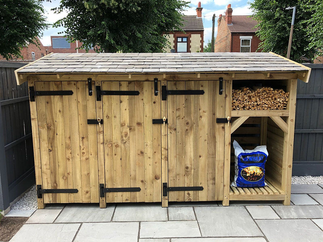 Handmade three bin store and log store front view with a reclaimed slate roof