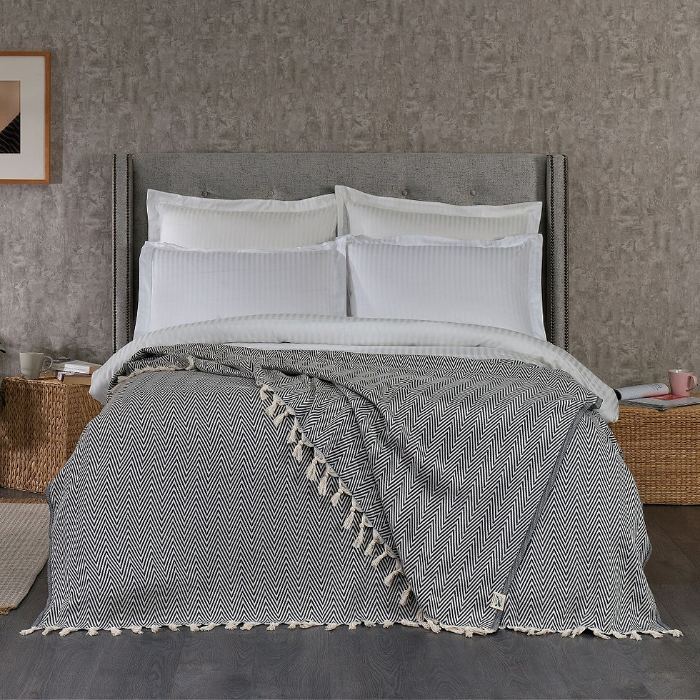 Three Large Cotton Chevron Throws with tassels on a bed