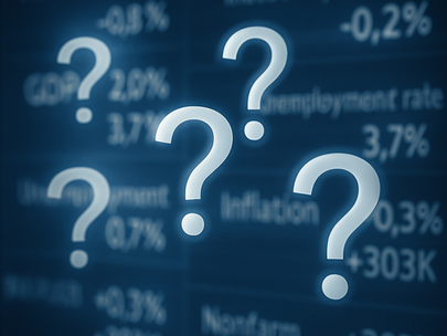 Données économiques floues et contradictoires entourées de points d’interrogation, illustrant la confusion macroéconomique. - Wolfaction