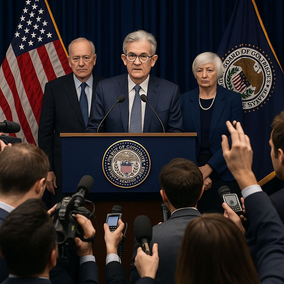 Membres de la FED donnant un discours tandis que des journalistes posent des questions sur les prochaines données économiques.