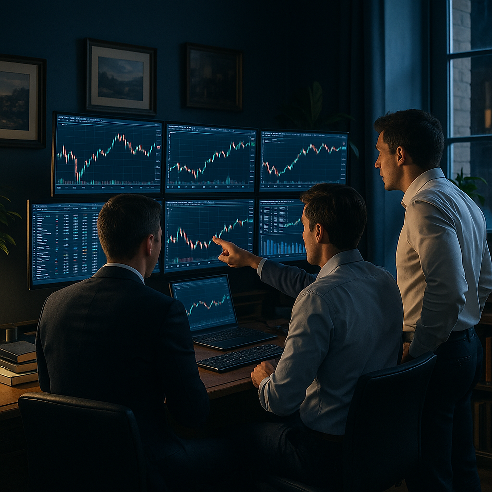 Traders institutionnels Wolfaction analysant les marchés financiers sur six écrans dans un bureau professionnel moderne et premium.