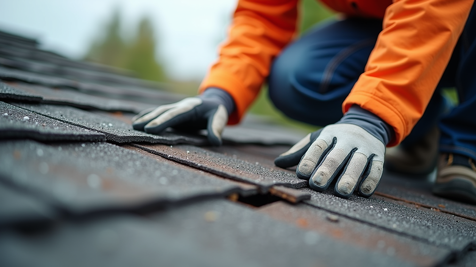Close-up view of a roofing contractor inspecting damaged shingles on a roof