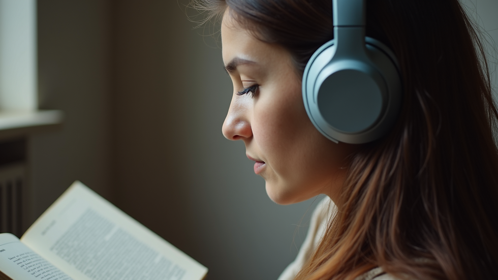 Close-up view of a person listening to an audiobook with headphones