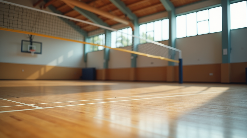eye-level view of indoor gymnasium with volleyball net set up